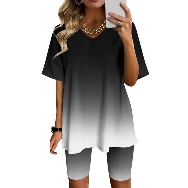 Ensembles Mode Femmes Blouse Col en V Manches Courtes Hauts Shorts Ensemble Décontracté Ensembles d'Entraînement Femmes en Liquidation