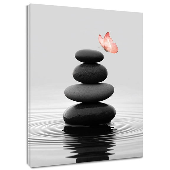 Zen Stone Wall Art Black Ande Gray Zen Stone Pink Butterfly Water Ripple Prints Posters Living Room Decor Meditation Yoga Modern Minimalist Bathroom Bedroom Office Wall Art Wall Decor,8x10 Inches