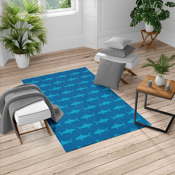 Sea Animals Turkish Area Rug, Sharks Swimming Horizontal Silhouettes Powerful Dangerous Wild Life, Soft Carpet for Living Room Decor, 6.6' X 9.6', Sea Blue, by Ambesonne