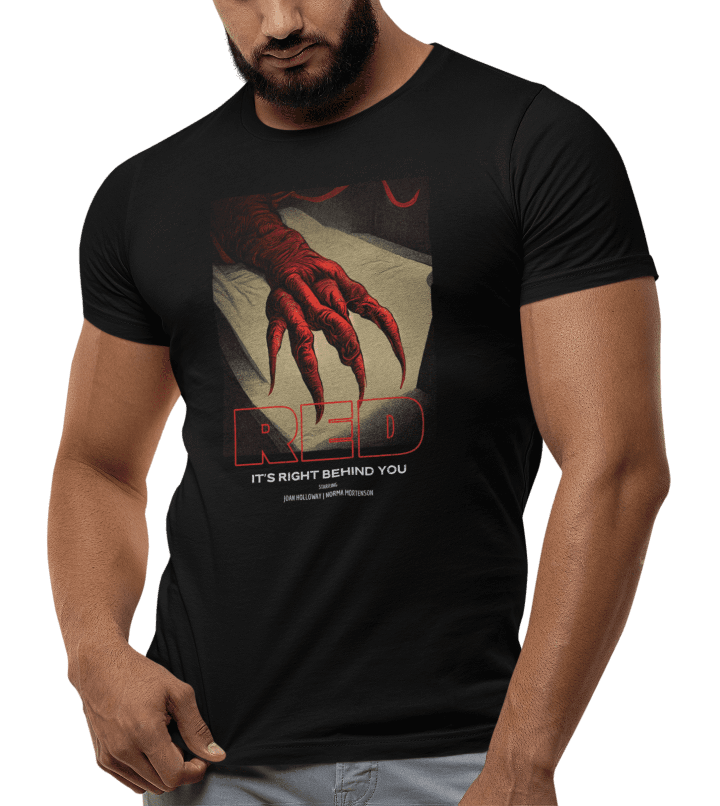 kiMaran RED IT'S RIGHT BEHIND YOU Horror Hand Finger Poster T-Shirt ...