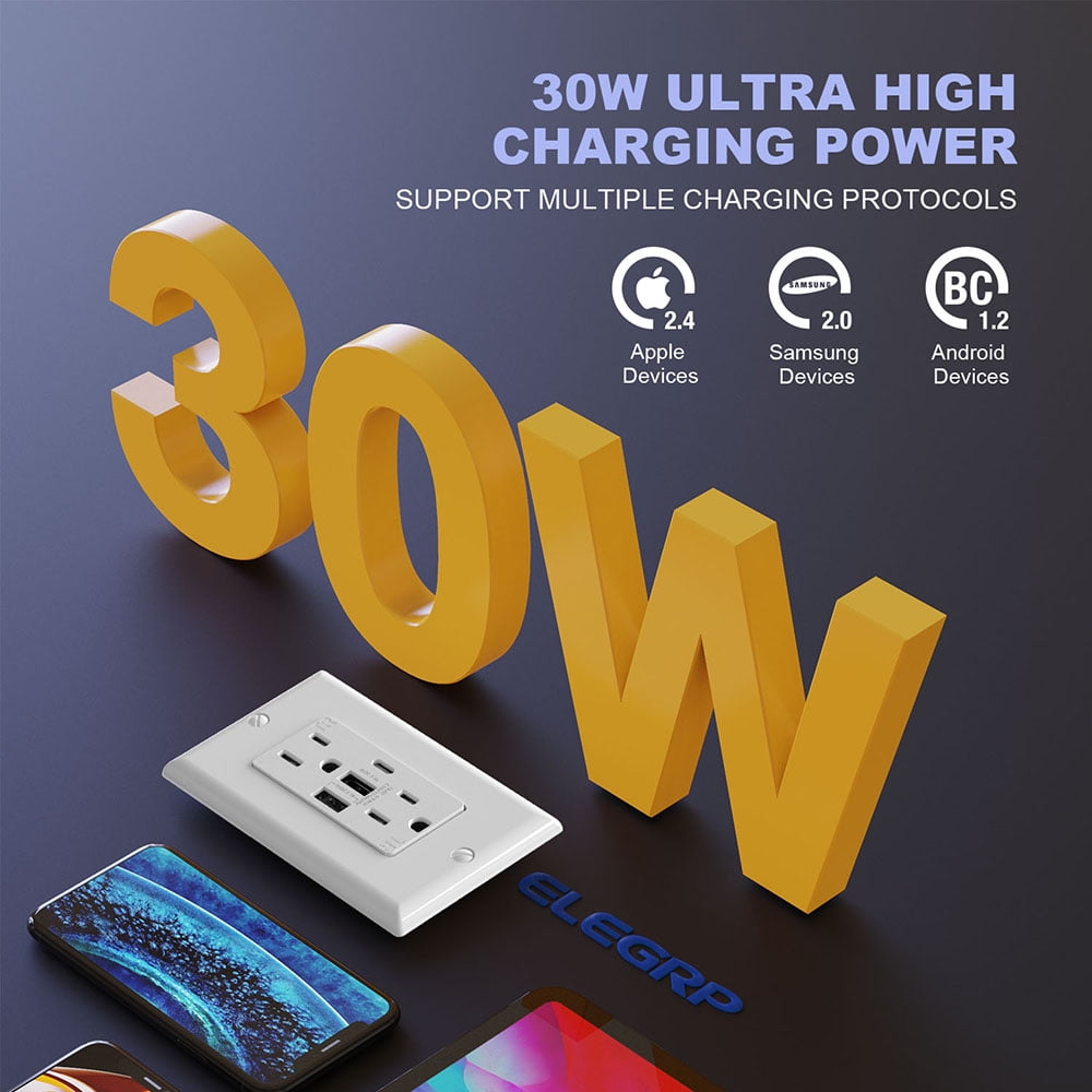 USB Outlets Receptacles, 3 Port USB C Wall Outlet, 30W 6.0A USB Electrical Outlet, 15 Amp Tamper Resistant Outlet with USB C Ports, UL Listed, Wall Plate Included