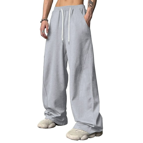 Dresfit Uncuffed Pants for Men Baggy Wide Leg Joggers Elastic Waist Drawstring Long Sweatpants Open Bottom Uncuffed Straight Leg Hiking Trousers with Pockets Light Gray 2XL