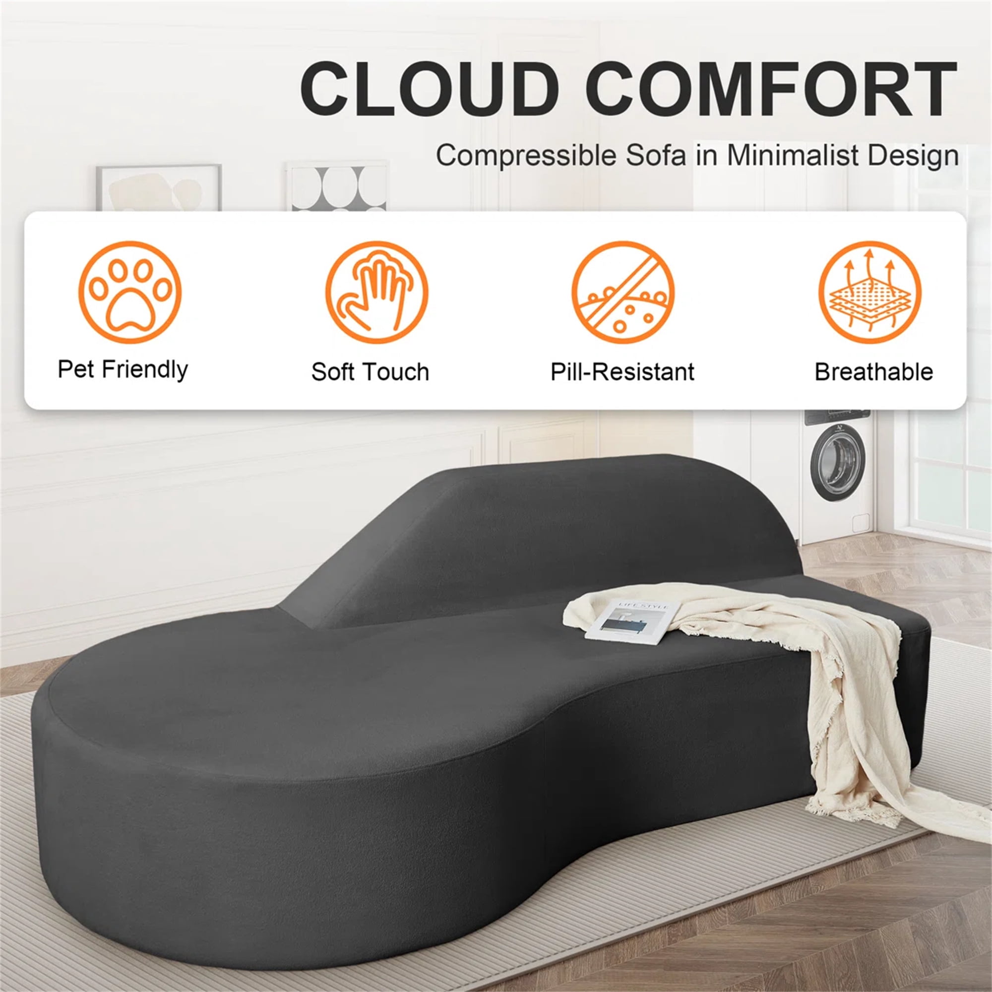 Aukfa 91" Comfy Cloud Sofa 3 Seat Boneless Couch for Living Room, Curved Design, No Assembly, Chenille, Gray