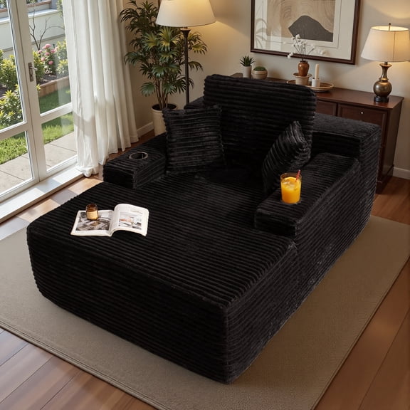 Ovios 67'' Oversized Chaise Lounge Chair Indoor Cloud Plush Corduroy Floor Sofa Bed Deep Seat No Assembly Couch with Cup Holders for Living Room, Black