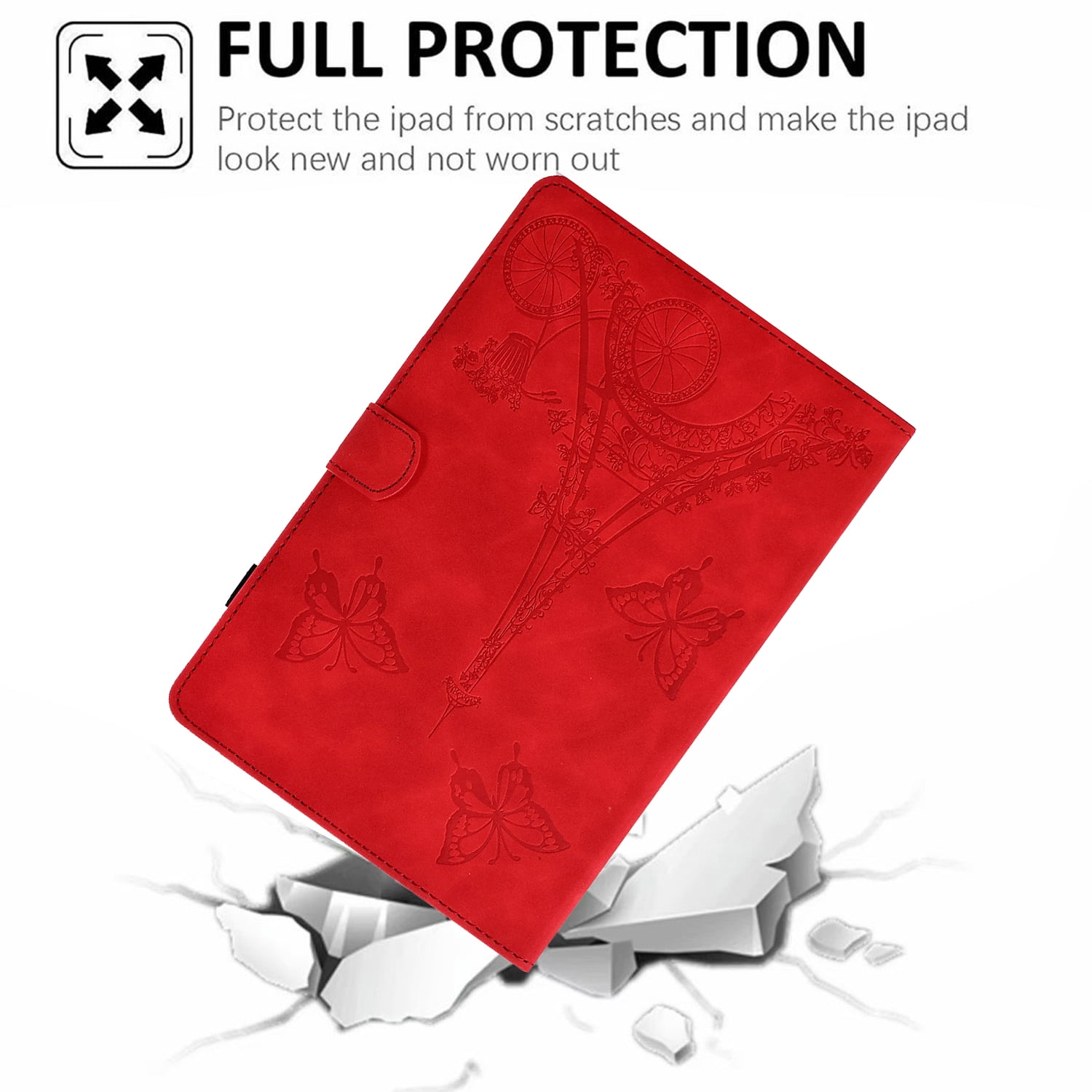 Dteck for iPad 10th Generation Case 2022, iPad 10 th Gen 10.9 inch Protective Cover with Pencil Holder, Multi-Angle Viewing Stand, Card Slots, Folio Leather Cases with Embossed Butterfly,Red