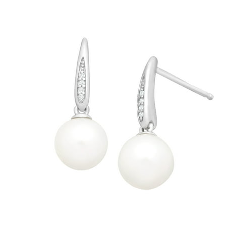 Freshwater Pearl Drop Earrings with Diamonds in Sterling Silver