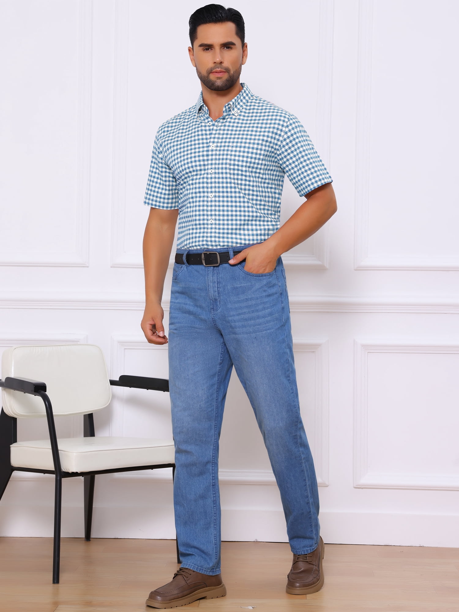 DARING DIVA Men's Point Collar Short Sleeve Button Business Plaid Shirts L Blue White