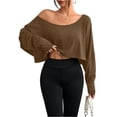 thumbnail image 3 of Batwing Sleeve Boat Neck Tops for Women Off The Shoulder Long Sleeve Cropped Tee Soft Breathable Comfortable Casual Shirts for Workout, #01 Coffee, L, 3 of 7