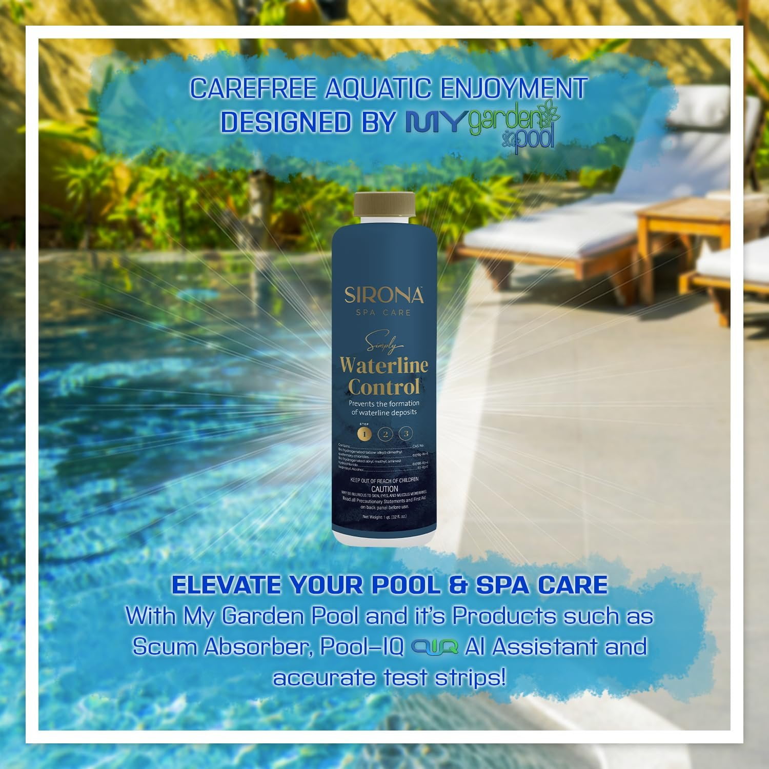Sirona 82106 Simply Waterline Control, 32 fl Oz  Includes My Garden Pool 20 Ct. Test Strips & Scum Sponge  Prevents Waterline Buildup for Clean Spa Surfaces