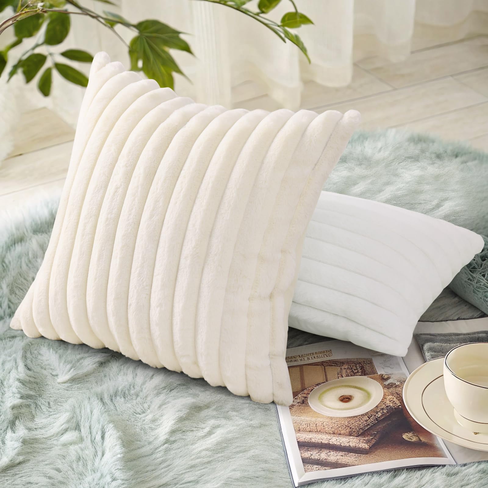 decorUhome Pack of 2 Faux Fur Plush Throw Pillow Covers 20x20, Soft Fluffy Striped Decorative Couch Pillow Covers , Cream White
