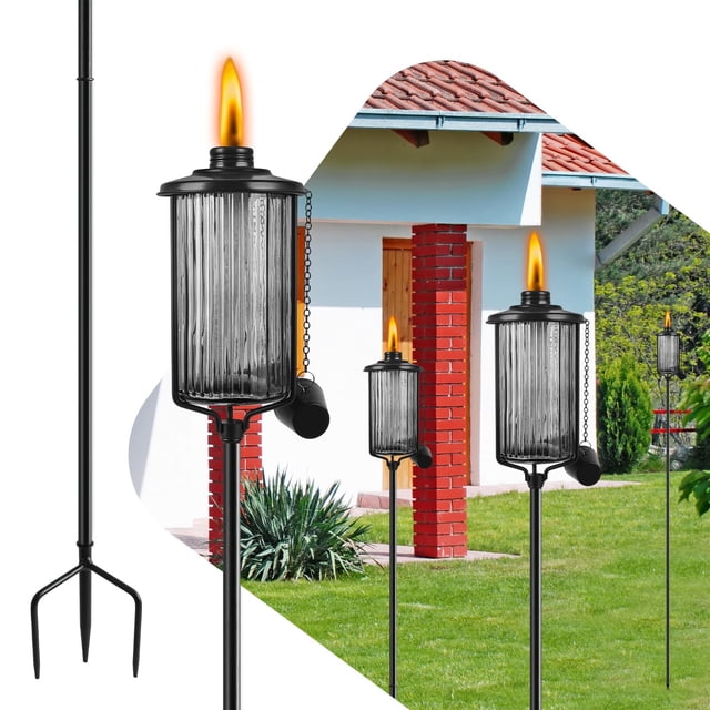 Antorchas para Exteriores FALBAWR de Vidrio Negro de 55" con Soporte de 3 Puntas y Capacidad de 473 ml