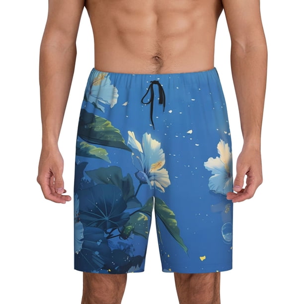 Balery Hibiscus Flowers Calm Water Pantalones cortos de pijama de punto de algodón para hombre con cinturilla y bolsillos-Small