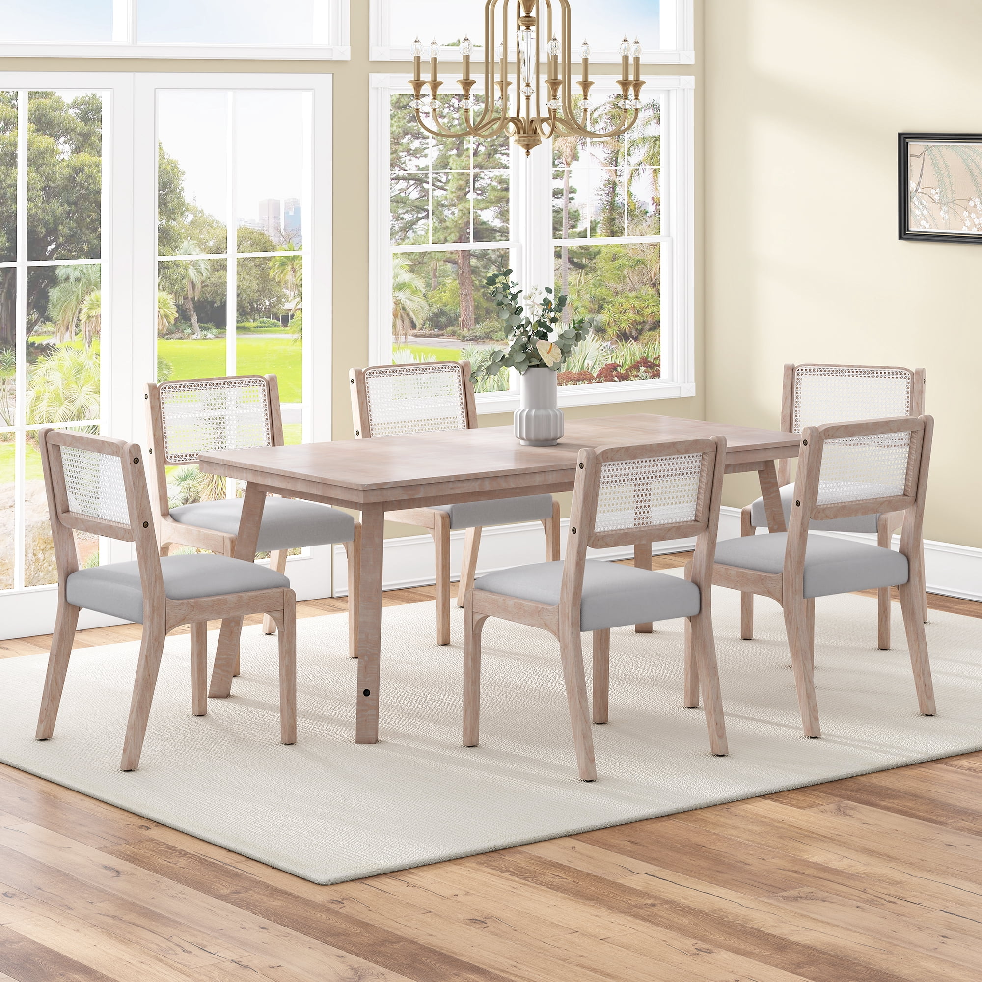 Euroco Wood Dining Chairs Set of 2, Modern Kitchen Side Chairs with Padded Seat and Rattan Back,Farmhouse Accent Chairs for Dining Room,Beige