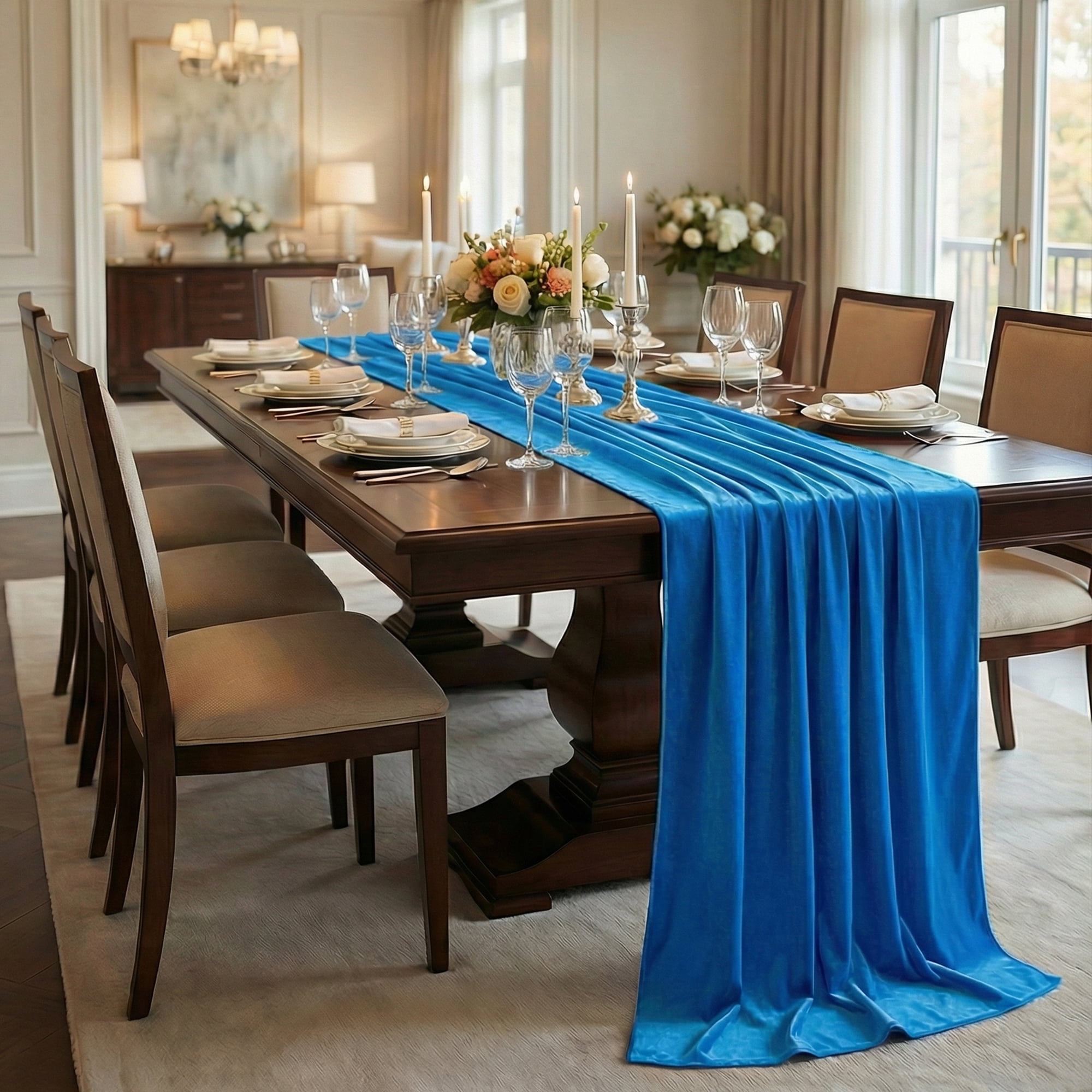 Unique Bargains Decorations Long Polyester Kitchen Runner Peacock Blue 27.6x118.1in