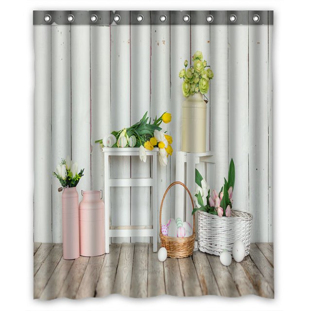 Cortina de Ducha de Poliéster Impermeable ABPHQTO Decoración de Pascua Vintage con Huevos y Flores de Tulipán 150x180 cm