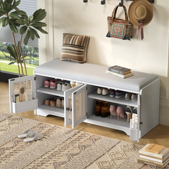 Youmumeub Rustic Wood Storage Bench, Entryway Shoe Organizer with Woven Rattan Doors & Removable Cushion, Adjustable Shelves Farmhouse Seating for Hallway Living Room, White & Beige