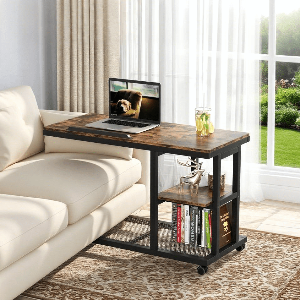 Fnova Mobile Side Table with Wheels, Snack Tray, Height-Adjustable C-Shape Desk, Tiltable Drawing Board, Laptop Stand, Storage Shelves for Living Room, Bedside Table for Couch