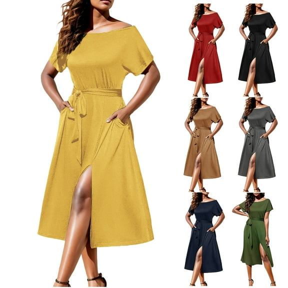 ZZwxWA Womens Off The Shoulder Dress Elegant Split Cocktail Dresses, Casual Short Sleeve Maxi Dress with Belt Prom Dress Ball Gown