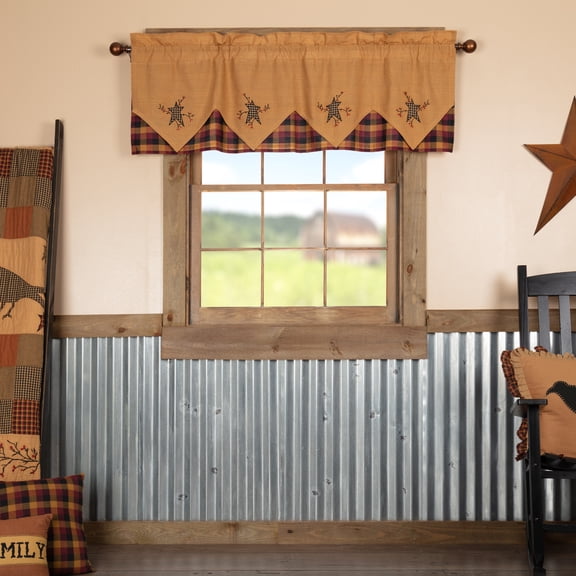 VHC Brands Heritage Farms, Primitive, Kitchen Window Curtain, Star and Pip Valance Layered, 20x60