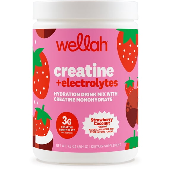 Wellah Creatine Electrolytes Powder (Strawberry Coconut 30 Servings - Hydration Drink Mix with 3g of Creatine Monohydrate
