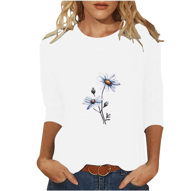 QIPOPIQ Hauts pour Femmes Chemises à Manches 3/4 Col Rond Blouses Amples Décontractées T-Shirts à Imprimé Marguerites Liquidation