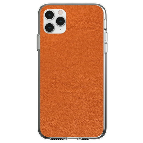 DistinctInk Clear Shockproof Hybrid Case for iPhone 13 PRO (6.1" Screen) - TPU Bumper, Acrylic Back, Tempered Glass Screen Protector - Orange Faux Leather Print Design - Faux Leather Image