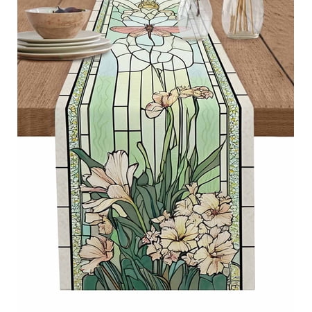 Hokiten Table Runners 60 Inches Long Dress Scarves, Butterfly Stained Glass Farmhouse Kitchen/Dining Table Runner, Small Coffee Tablerunners, Summer Dragonfly Botanical Vintage 13x60 Inch