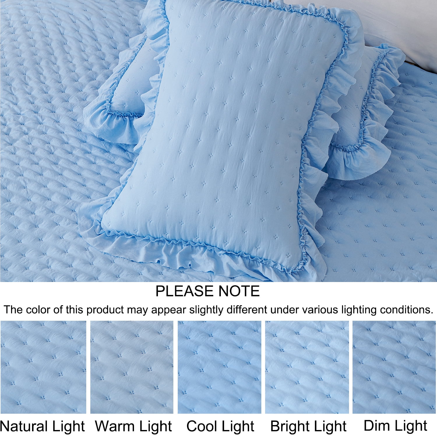 Evenhug 3-Piece Oversized King Quilt Set Soft Ruffled Bedding Set Lightweight Microfiber Ultrasonic Bedspread With Shams Suitable All Season(Blue,116"x102")