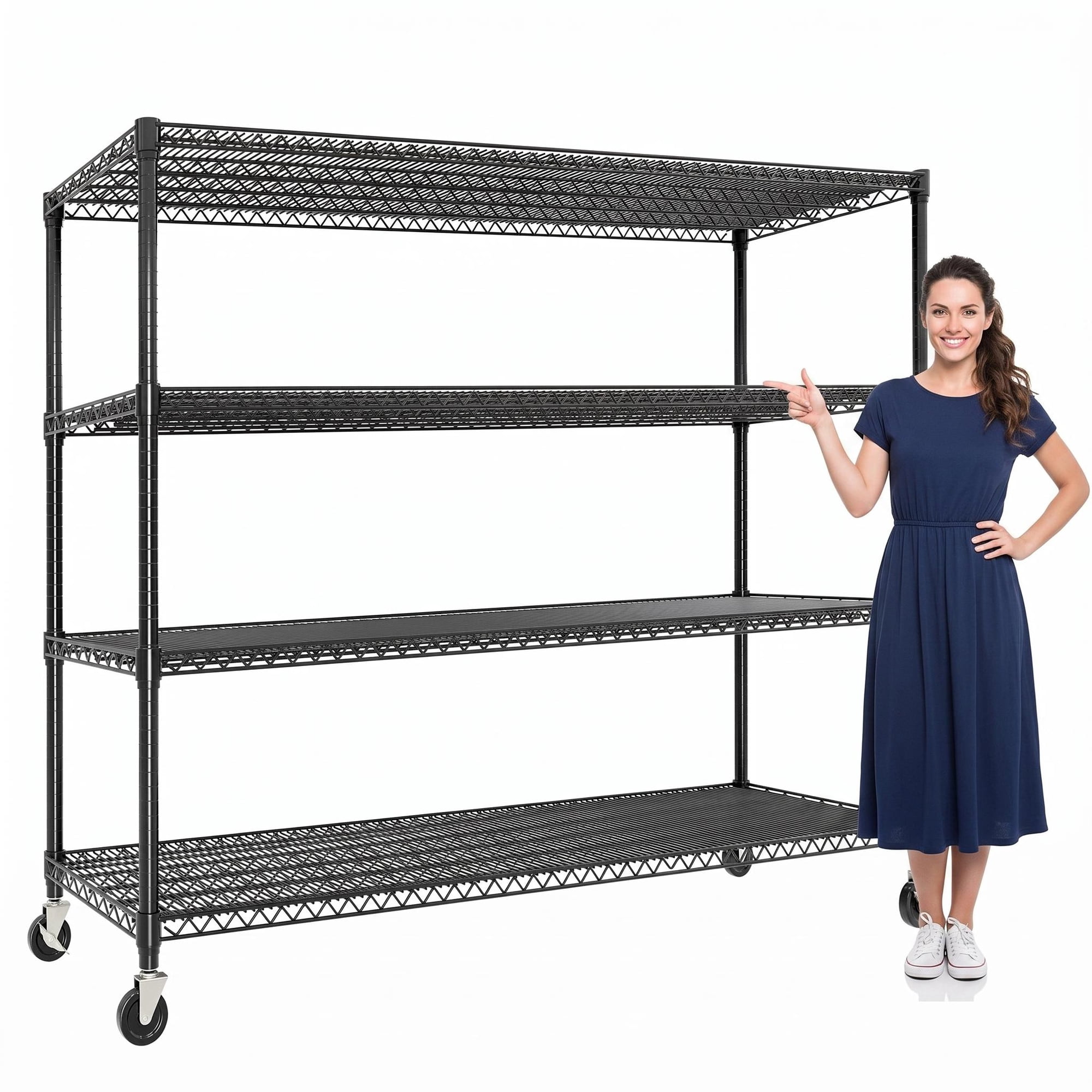 Storage Shelves 4-Tier Wire Shelving Unit with Wheels, Adjustable Carbon Steel Rolling Rack 1760LBS, Black, 59 x 17.7 x 71.8 In