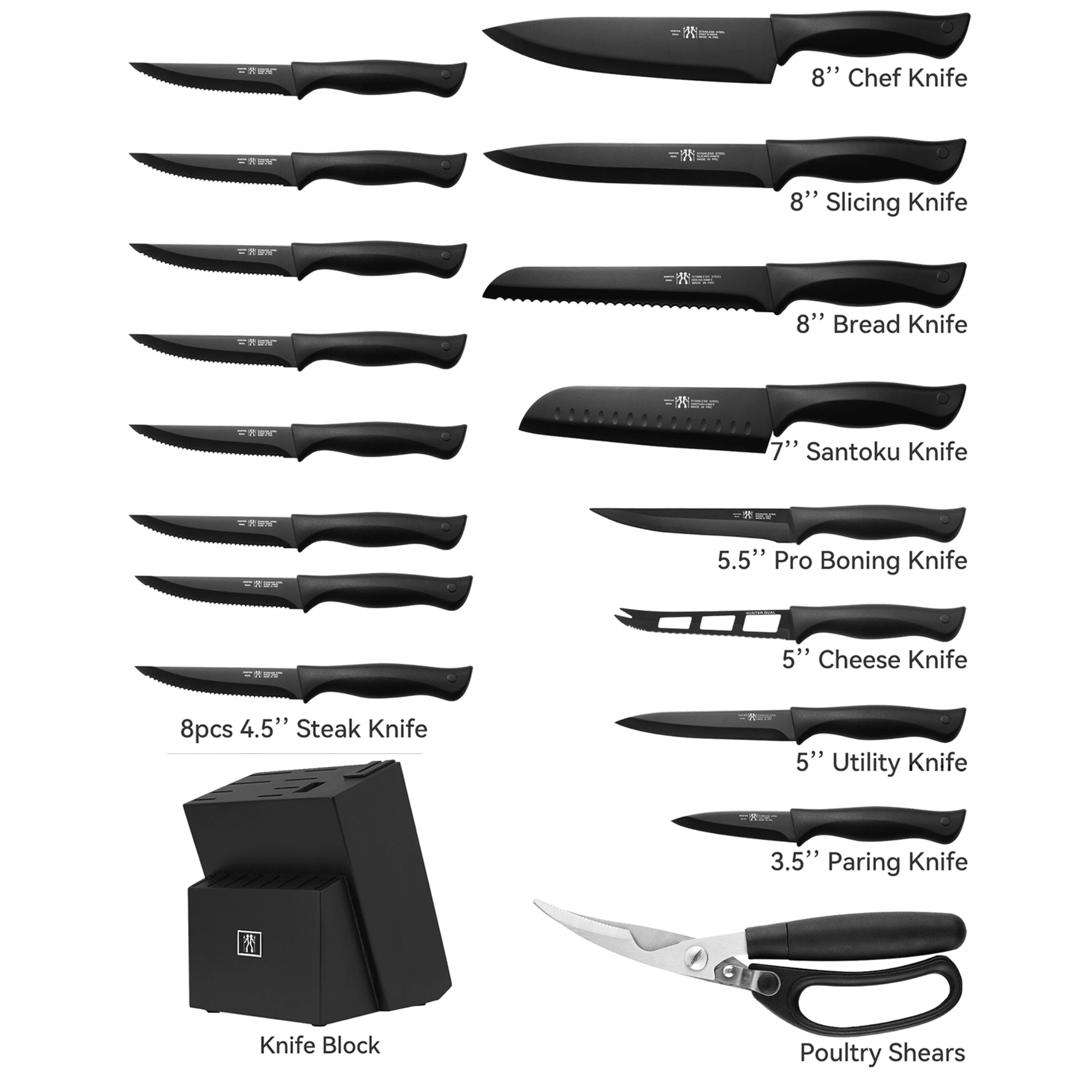 HunterDual 19-Piece Stainless Steel Kitchen Knife Set with Block Self Sharpening