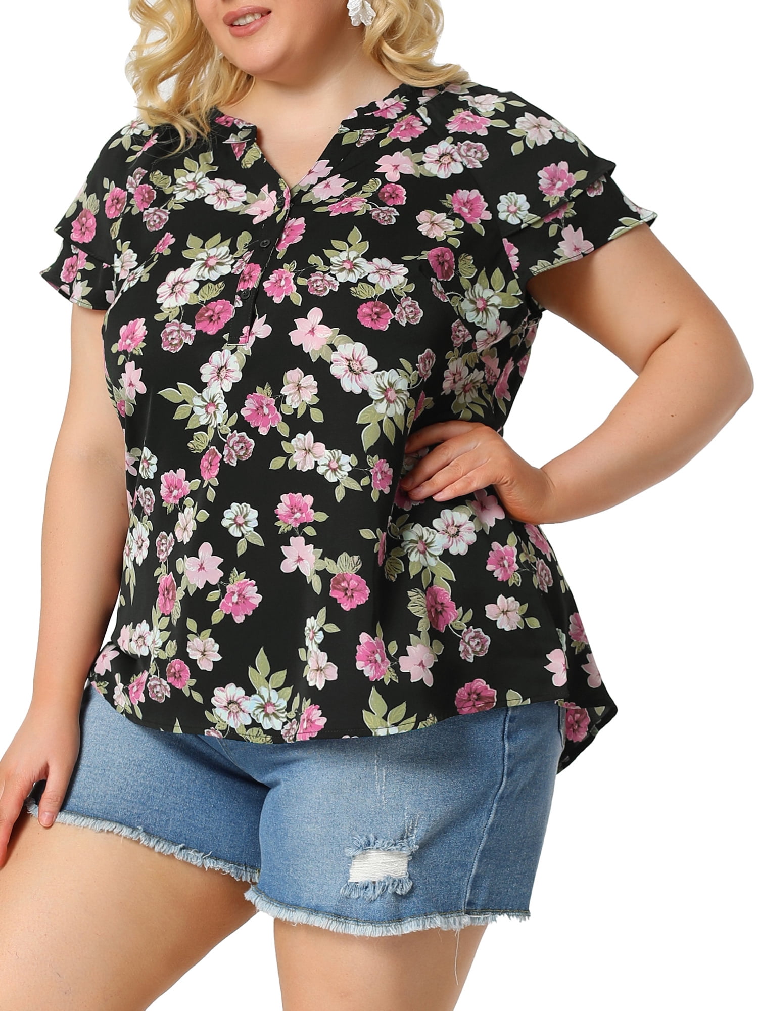 Unique Bargains Women's Plus Size Layered Sleeve V Neck Floral Tops Tunics 4X Black