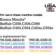MADE IN USA TONER Compatible Replacement for use in Konica Minolta bizhub C258, c308, c368, c454, c554, C454e, C554e Universal TN-324K/C/M/Y, TN-512C/M/Y/K Black,Cyan,Yellow,Magenta, 4-Pack