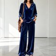 thumbnail image 2 of Xijirk Women 2 Piece Velvet Outfit V Neck Long Sleeve Loose Top and Wide Leg Elastic Waist Pants Set for Loungewear Daily Casual Wear,Blue,XXL, 2 of 4