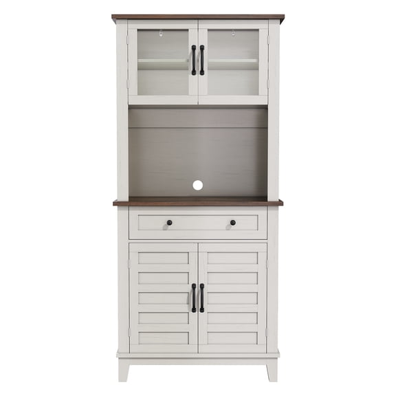 Modern Tall Pantry Storage Cabinet – 2 Glass Doors, Adjustable Shelves, Drawer, Freestanding Hutch for Kitchen or Dining – Brown and White Contrast