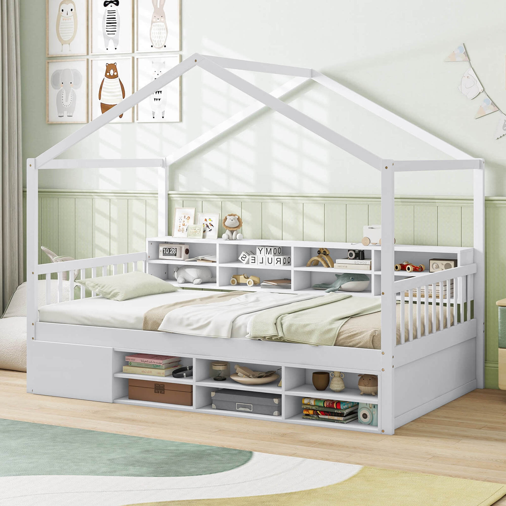 Costway Twin Size House Bed Wooden Platform Bed Frame with Roof & 14 Storage Cubes White