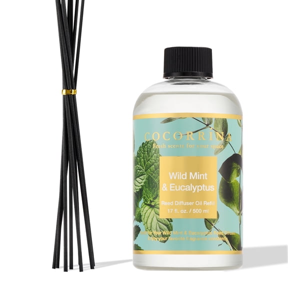 COCORRÍNA Reed Diffuser Refill 17 fl oz, Wild Mint & Eucalyptus Scented Oil with 8 Reed Sticks, Long Lasting Home Fragrance for Bedroom, Bathroom, Living Room & Office
