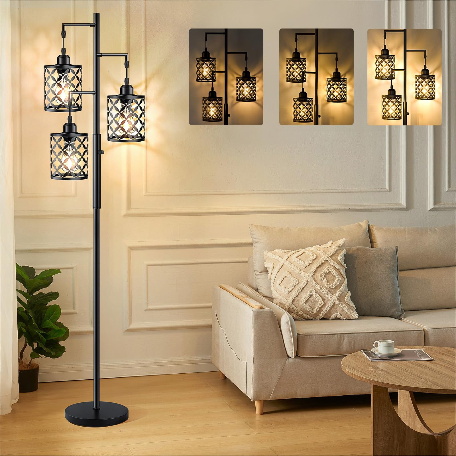 68" Dimmable Floor Lamp  Farmhouse Standing With Elegant Metal Cage Industrial Tall Tree Lamps For Living Room Bedroom Study Office (2000lm Led Bulbs Included) - Black