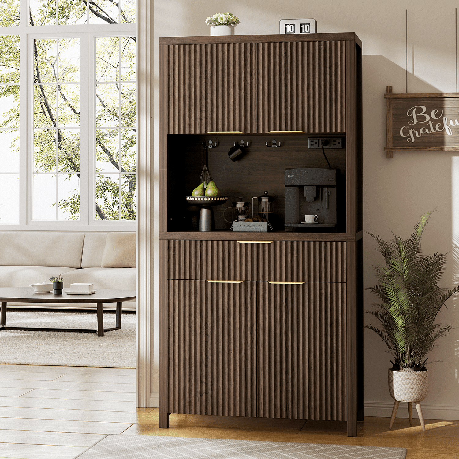 Aufeile 71" Tall Pantry Storage Cabinet with Drawer and Charging Station, Fluted Pantry Cabinet with Adjustable Shelves for Kitchen Dining Room Living Room, Black
