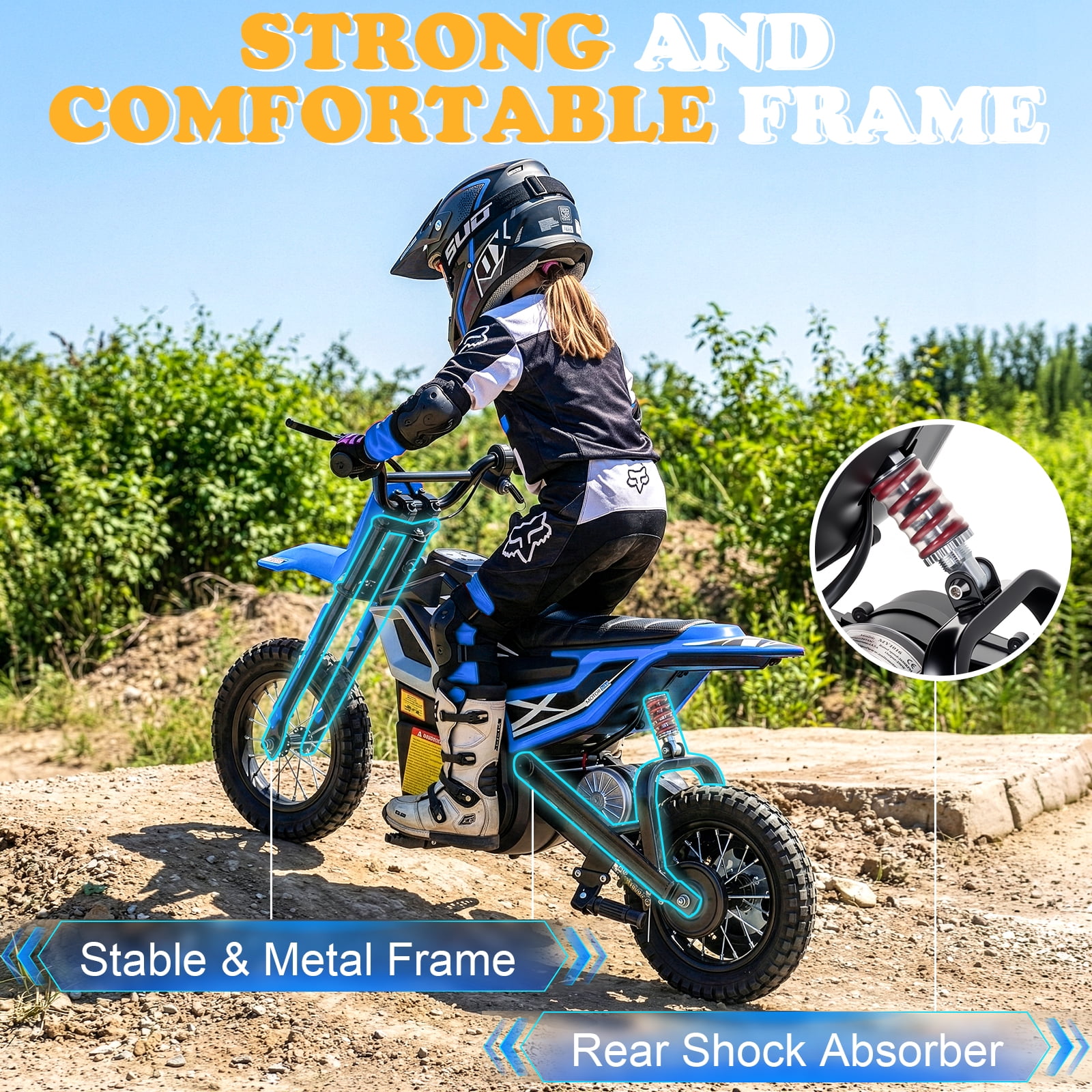 UBesGoo Electric Dirt Bike, 24V 250W Ride on Toys for Big Kids with Music & Bluetooth, 14 mph Twist-Grip Throttle & Hand-Operated Rear Brake, Blue