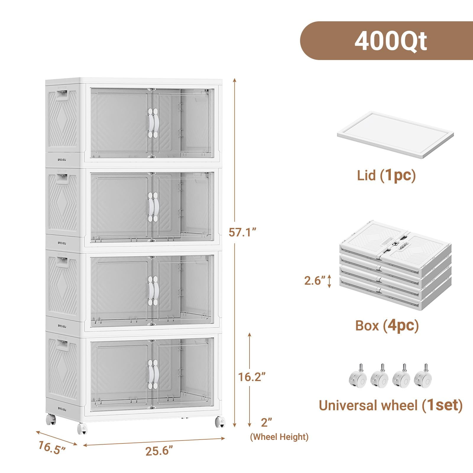 Broview Clear PET Stackable Storage Bins with Lids, Closet Organizers and Storage, 100Gal Folding Storage Boxes with Latching Locks, Collapsible Storage Cabinet for Room, 4Pack White