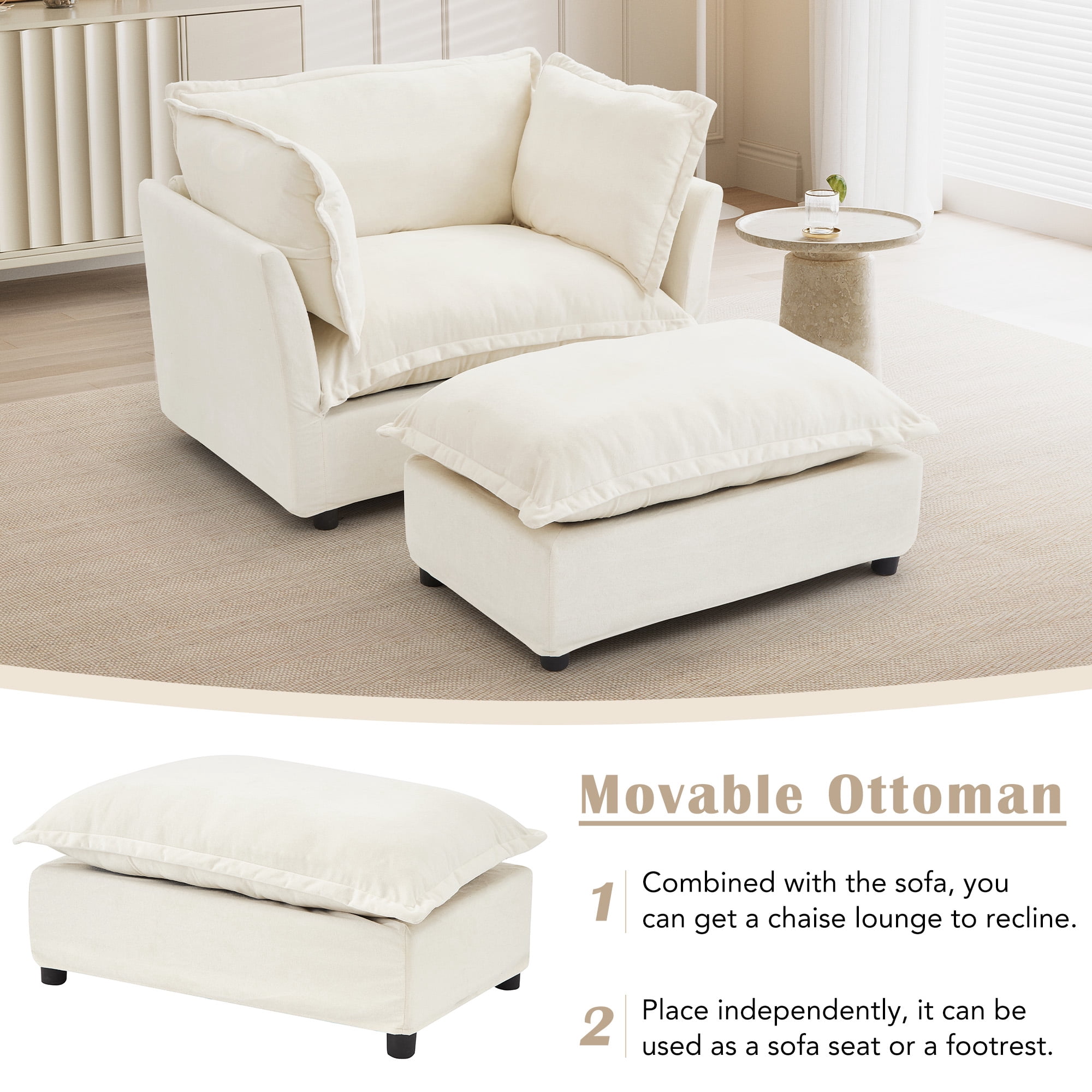 45.2" Armchair Sofa Cozy Upholstered Sofa Chair with Ottoman, 39" Wide Seat and 2 Pillows