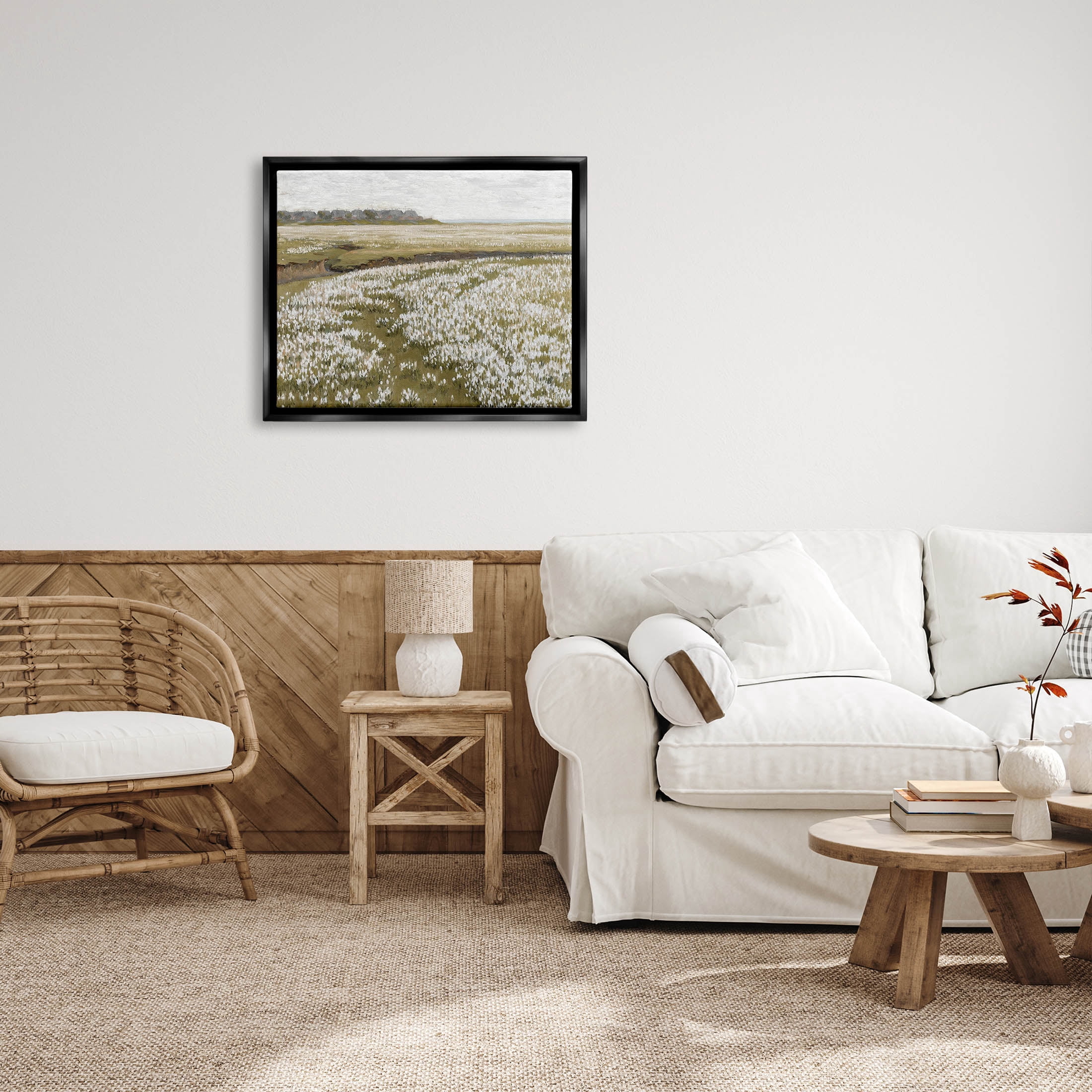 Flower Meadow Landscape Landscape Painting Jet Black Framed Art Print Wall Art