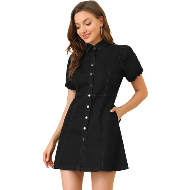 INSPIRE CHIC Women's Denim Dress Puff Short Sleeve Button Shirt Dresses