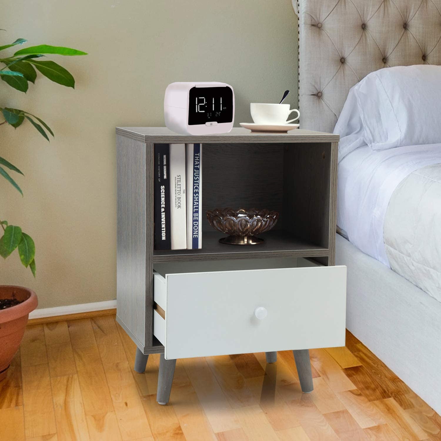 Modern Wood Nightstands with Drawer, Open Shelf and Solid Wood Legs, End Table for Living Room (2-Pack, Grey+White) Modern Wood Nightstands with Drawer, Open Shelf and Solid Wood Legs, End Table for Living Room (2-Pack, Grey+White)