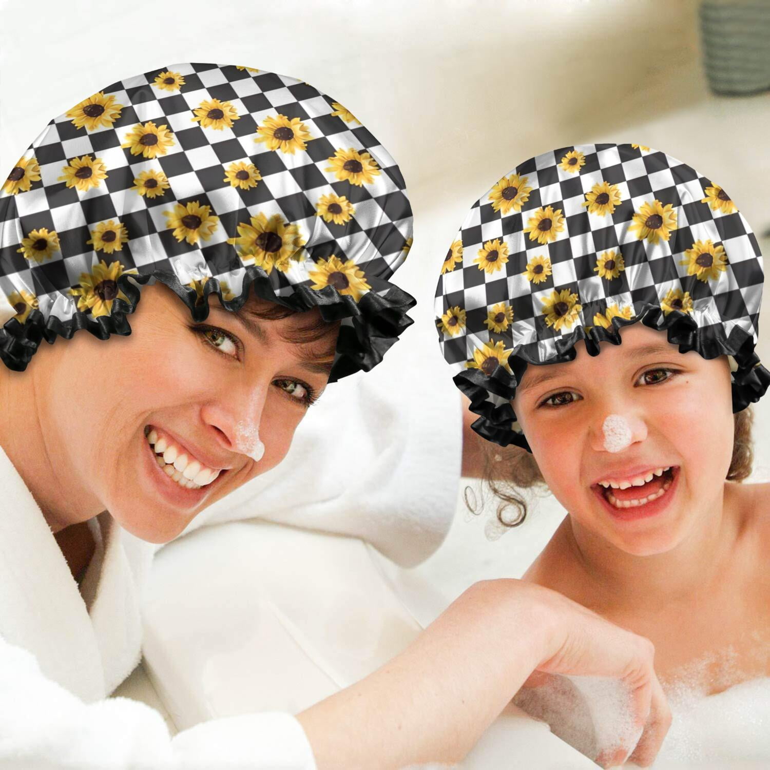 Shower Caps,Black White Checker Sunflower Pattern Waterproof Shower Cap for Women 4 Pieces,Double Reusable Hair Cover for Shower PEVA Elastic Stretch Hem