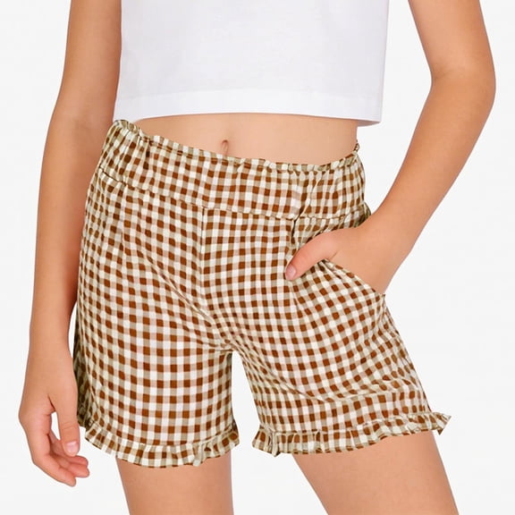 Ticikt Girls Gingham Shorts, 5-16Y Kids Elastic Waist Plaid Ruffle Hem Casual Shorts with Pockets,Coffee