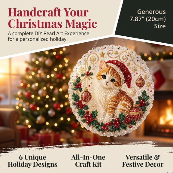 Christmas Pearl Diamond Painting Suncatcher Kit, DIY Handmade Craft with Hanging Chain, Lace Edge Round Acrylic Board, 3D Multi-Size Pearl Bead Art, Holiday Window Wall Ornament, 1Pc E
