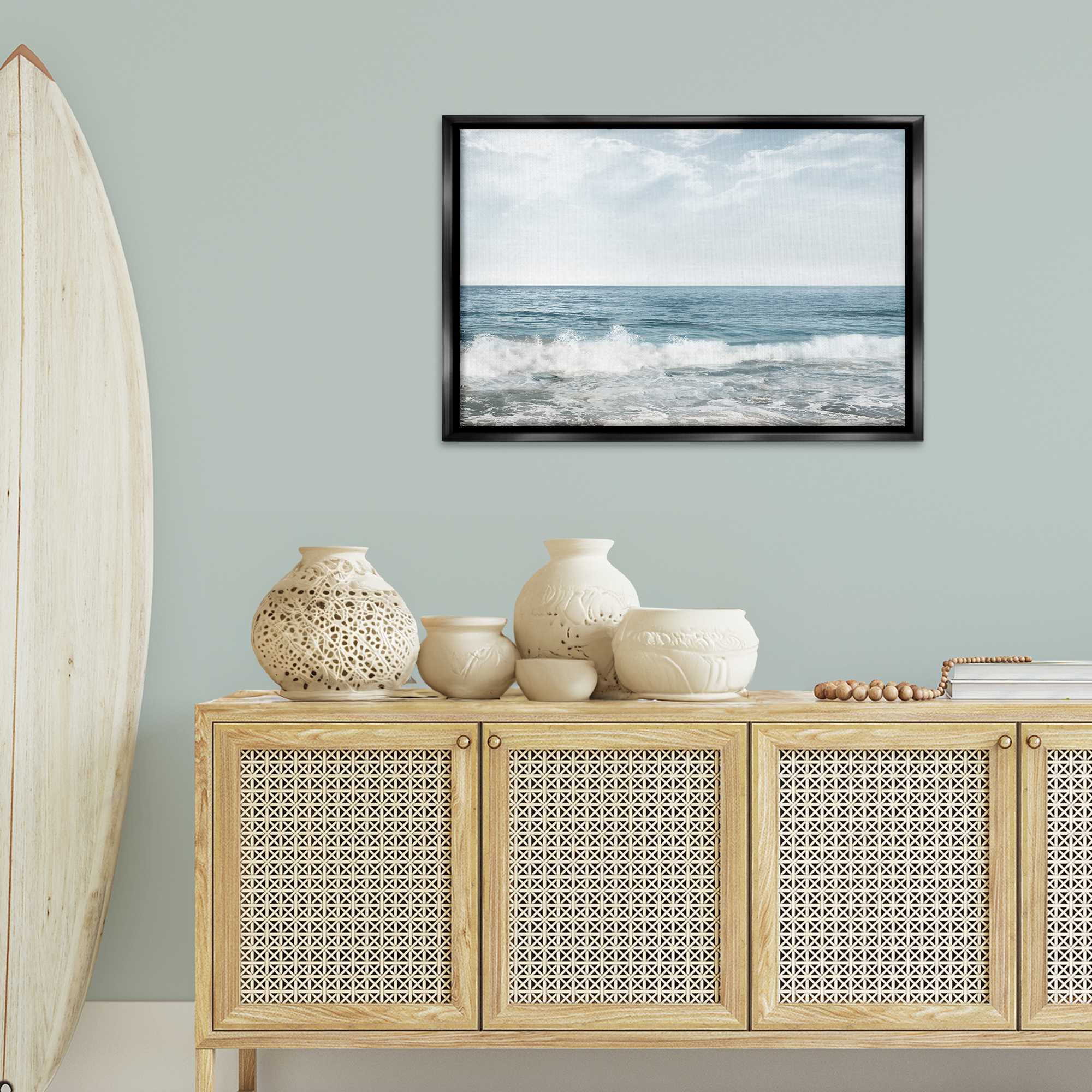 Stupell Industries Splashing Waves Beach Landscape Photography Black Floater Framed Canvas Art Print Wall Art, 31 x 21