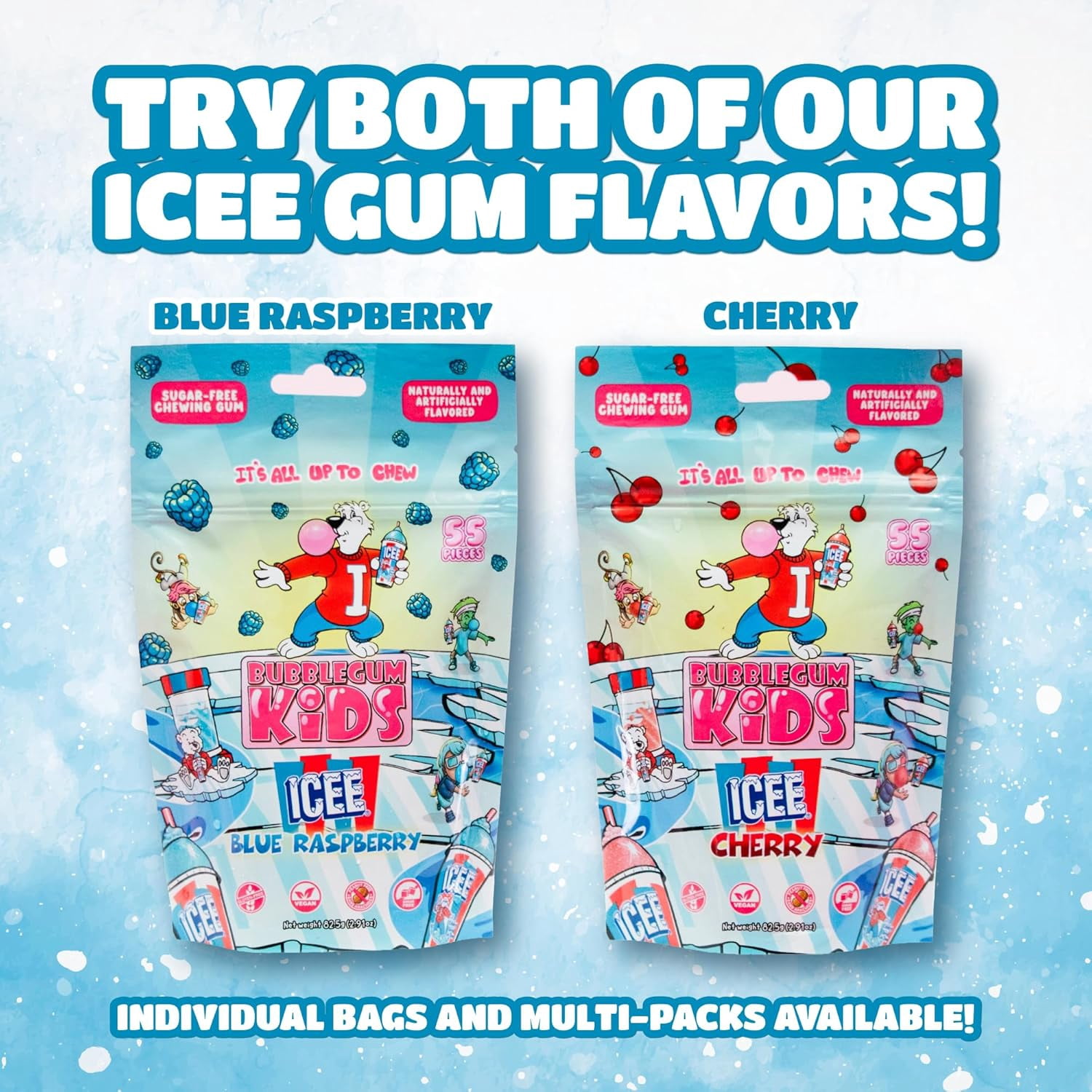 Bubblegum Kids ICEE Sugar Free Gum with Xylitol, Low Calorie Chewing Gum, Blue Raspberry Flavor, 10-Pack (55 Count/Pack)