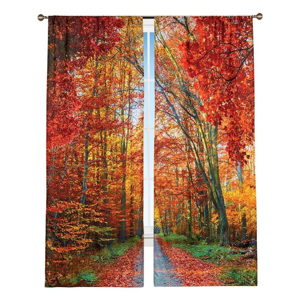 Autumn Forest Red Tree Leaves Window Drapes 2 Panel Set Kitchen Curtains 55x39" 